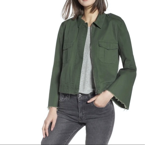 BB DAKOTA Jennie Cotton Twill Army Olive Green Bell Sleeve Bomber Jacket Large - Picture 1 of 10